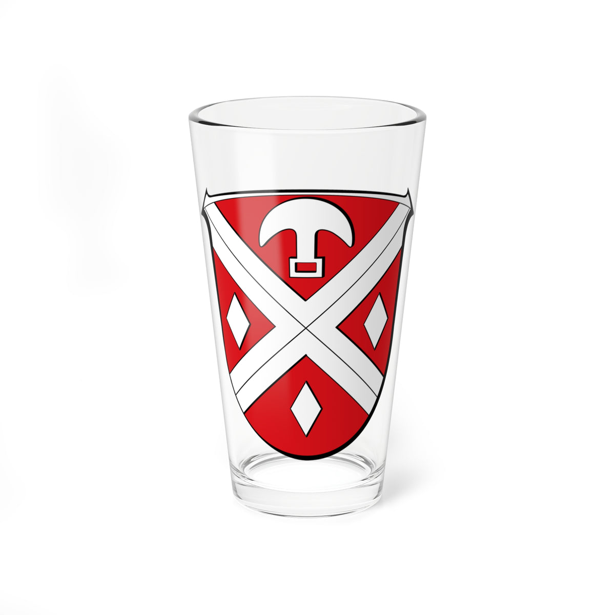 Red heraldic shield crossed by a pale saltire, bearing three diamonds and a hammer near the top.