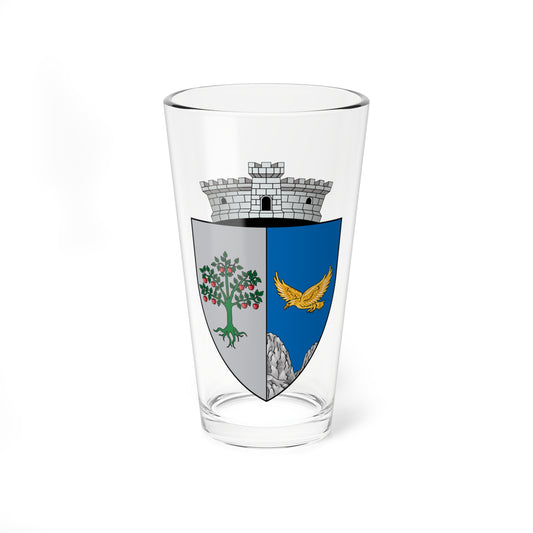 Coat of arms with a red-apple tree on silver and a golden eagle in flight over grey rocks on blue.
