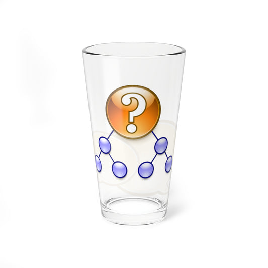 Glossy orange question mark badge above two cream speech bubbles holding blue binary tree diagrams.