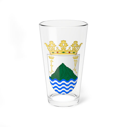 Heraldic shield with a green mountain above blue and white waves, topped by a gold crown and two gold initials.