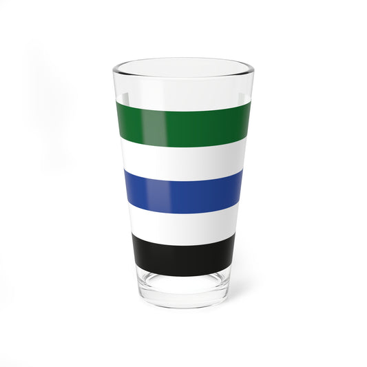 A minimalist flag of five horizontal stripes in green, white, blue, white and black, from top to bottom.