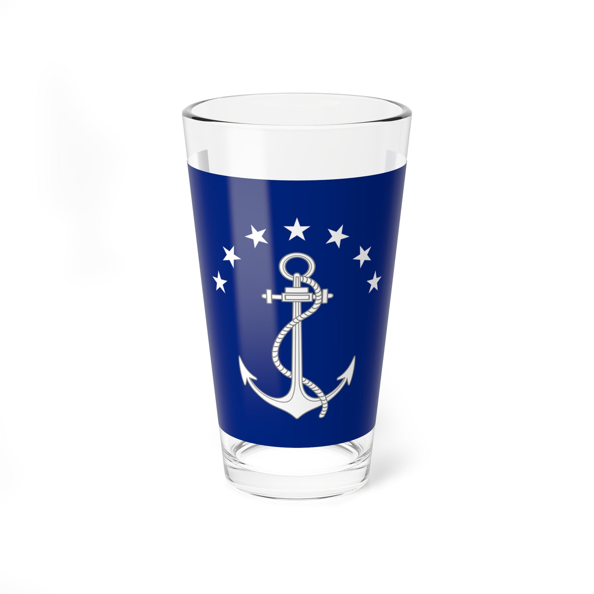 Navy blue flag bearing a white anchor wrapped in rope, framed by an arc of seven five-pointed stars.