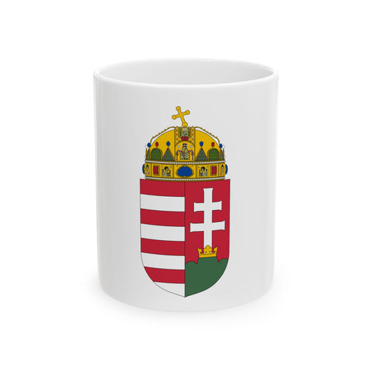 Coat of arms with a gold jewelled crown above a red and white striped shield and a white double cross.