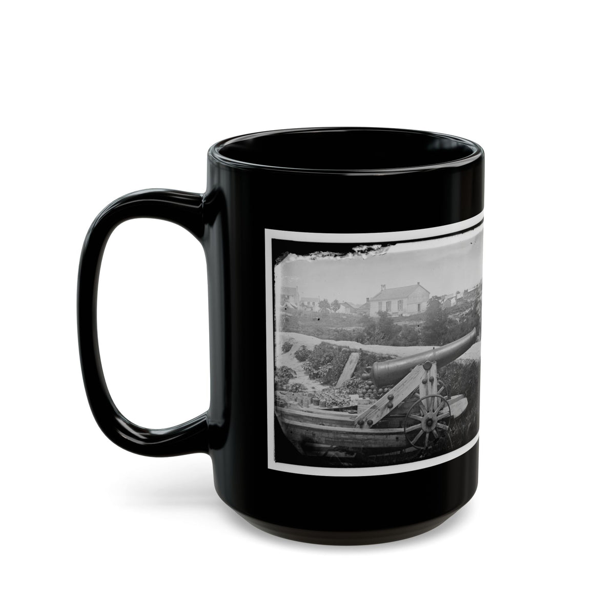 Yorktown, Va. Confederate Naval Gun; In Background Is Nelson Church, Used As A Hospital (U.S. Civil War) Black Coffee Mug