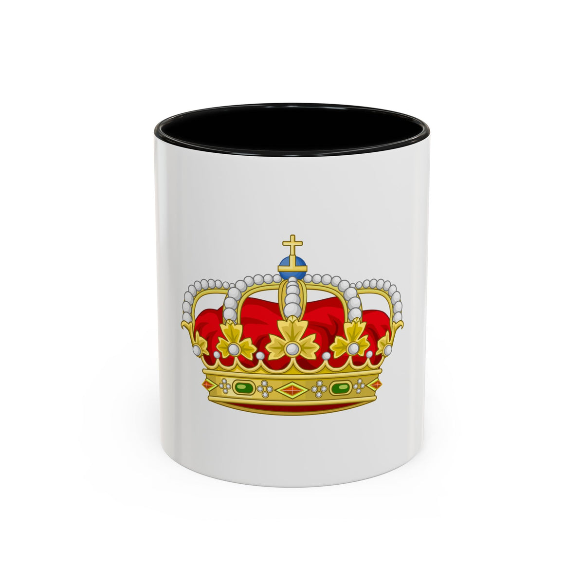 Gold royal crown with a red velvet cap, white pearls, gemstones and a cross on a blue orb, on white.