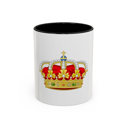 Gold royal crown with a red velvet cap, white pearls, gemstones and a cross on a blue orb, on white.