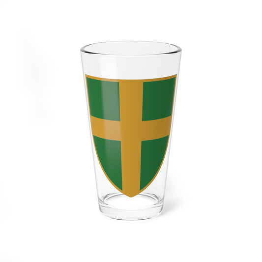 Gold cross dividing a green shield into four quarters in a flat, minimal heraldic emblem style.