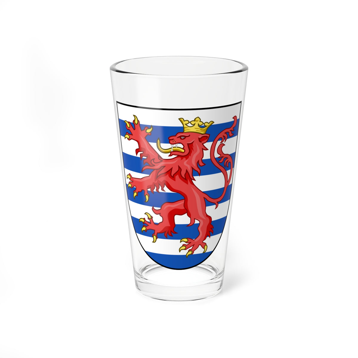 Red crowned lion rampant standing on a shield of alternating blue and white horizontal stripes.
