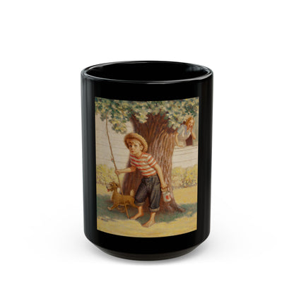 Boy and Dog Try to Sneak Away to Fish - Black Coffee Mug-15oz-Go Mug Yourself