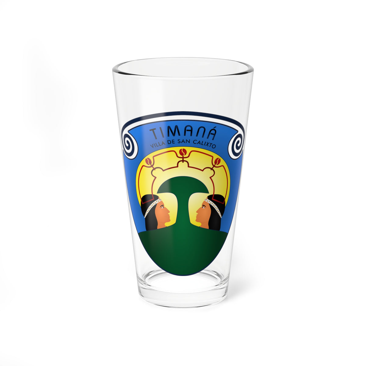 Blue coat of arms with a yellow halo, two facing profile heads and a red coffee-berry crown.