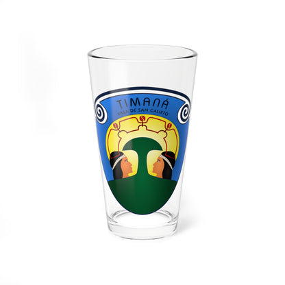 Blue coat of arms with a yellow halo, two facing profile heads and a red coffee-berry crown.