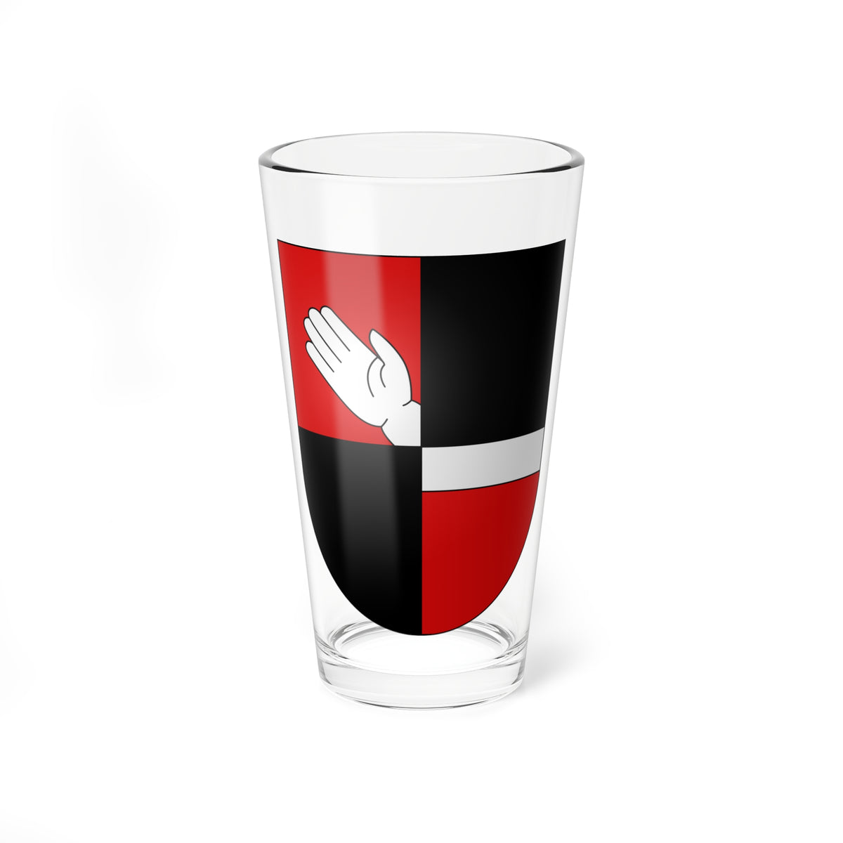 Red and black quartered heraldic shield with a white open hand in the upper red quarter and a silver band.