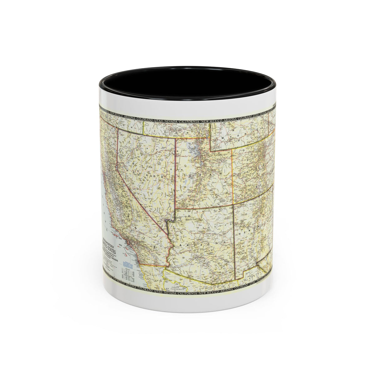 Cream-toned political map of the southwestern United States with state names repeated along its border.