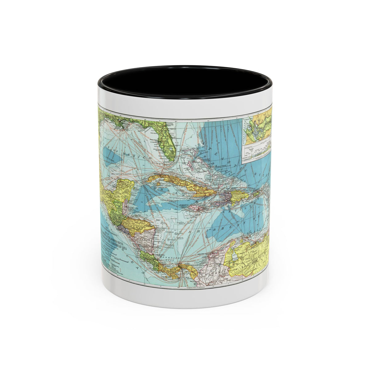 Colour map of Central America and the Caribbean with sea routes and a Panama Canal inset.