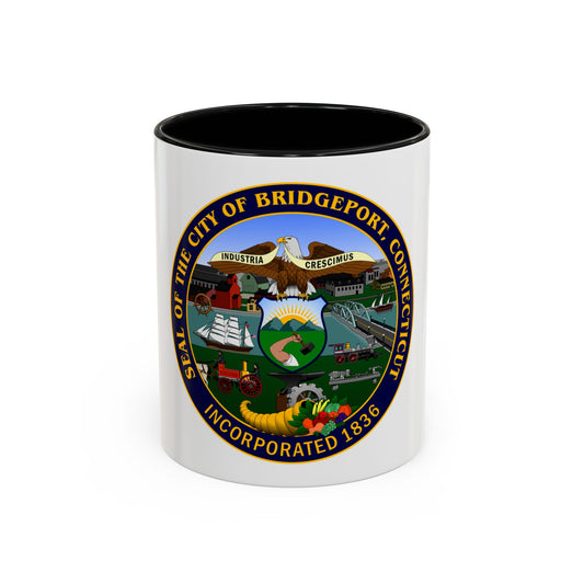 Circular navy and gold seal of Bridgeport, Connecticut, with an eagle, sailing ship, locomotive and cornucopia.