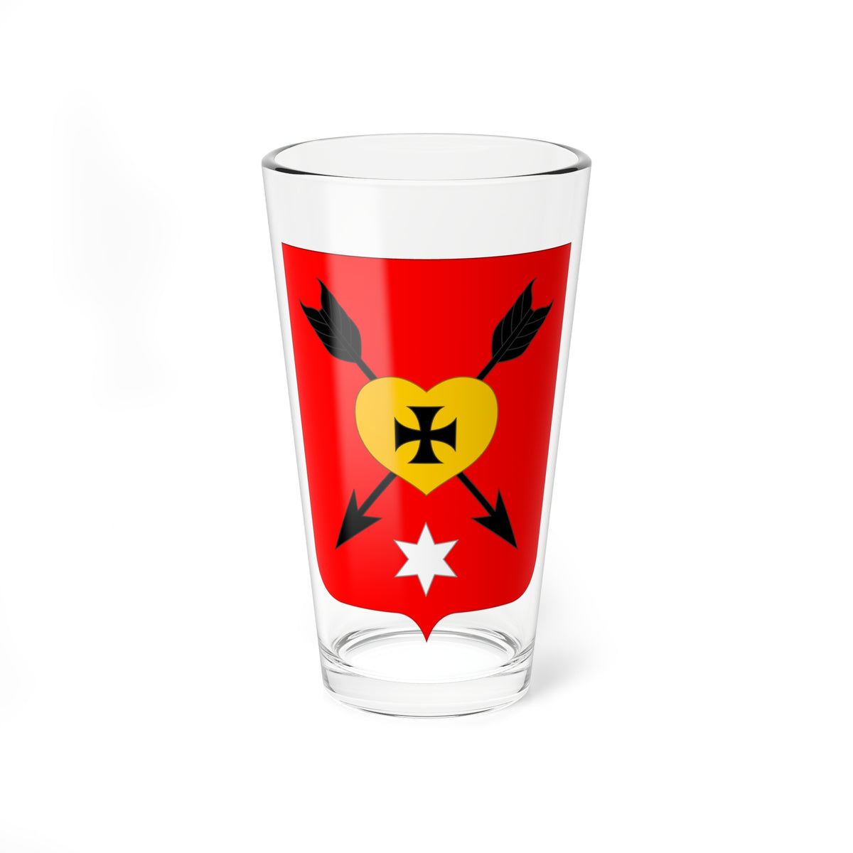 Red heraldic shield with a gold heart bearing a black cross, crossed black arrows and a white six-pointed star.