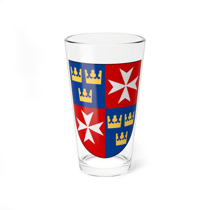 Shield-shaped coat of arms in four quarters, blue with three gold crowns and red with white Maltese crosses.