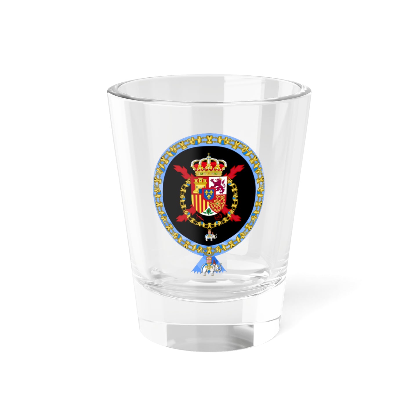 Coat of Arms of Juan Carlos I of Spain Order of the Elephant Variant (Denmark) (Coat of Arms) Shot Glass 1.5oz
