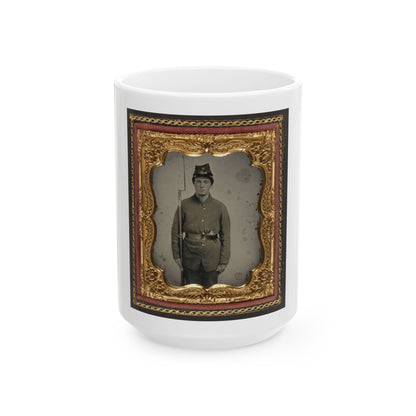 Unidentified Soldier In Union Uniform And Company D Forage Cap With A Bayoneted Musket And Revolver (U.S. Civil War) White Coffee Mug