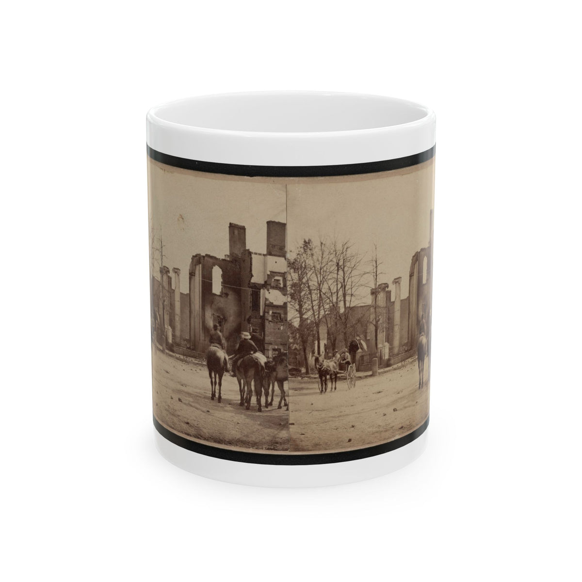 Sepia stereograph of a fire-damaged brick building with empty windows, with mounted riders and a cart in front.