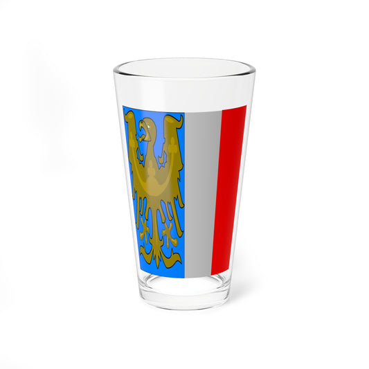 Vertical blue, grey and red panel with an olive heraldic eagle with spread wings on the blue section.