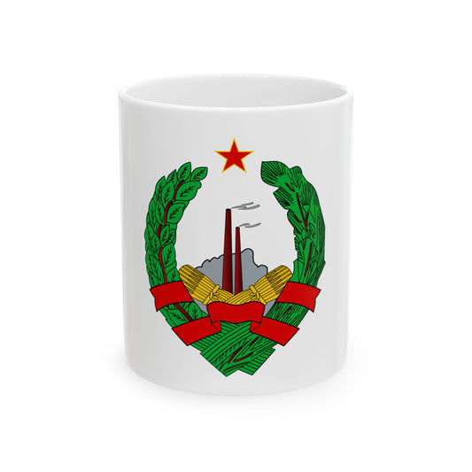 Green laurel wreath enclosing gold wheat sheaves and factory chimneys, with red ribbons and a red star on top.
