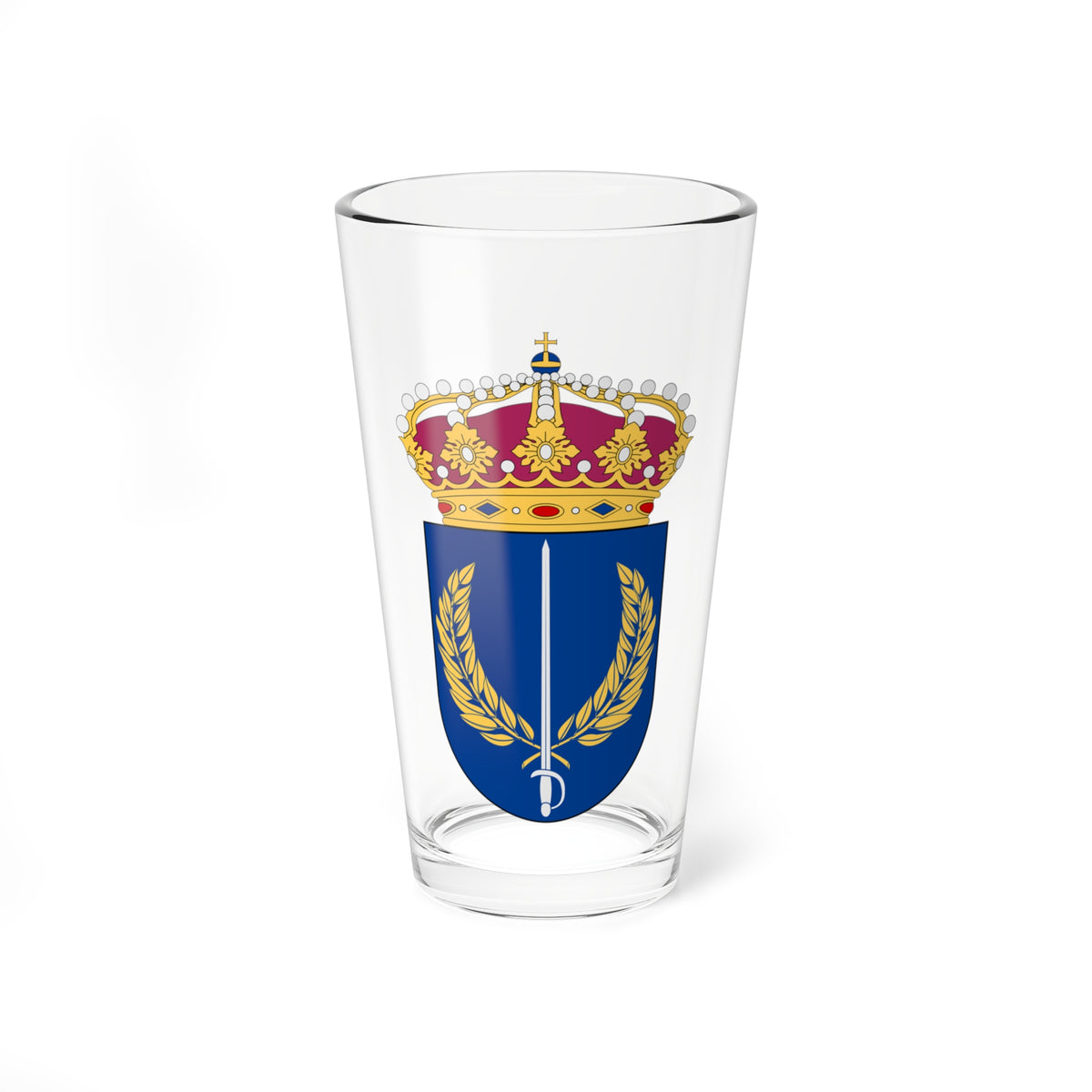 White sword over a gold laurel wreath on a navy heraldic shield, topped by a gold crown with white pearls.
