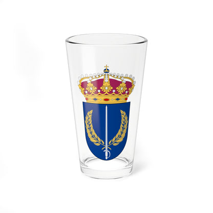 White sword over a gold laurel wreath on a navy heraldic shield, topped by a gold crown with white pearls.