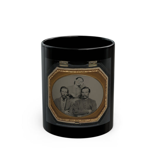 Three people in a sepia tintype, two men seated in front and a woman in a patterned blouse standing behind.
