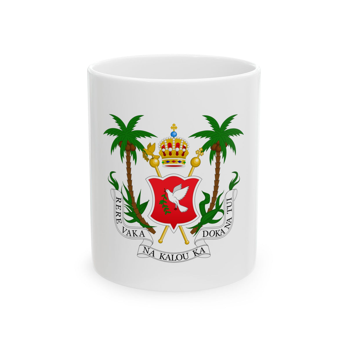 Heraldic emblem with a white dove on a red shield, a crown and crossed sceptres between palm trees.
