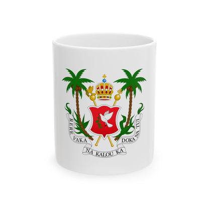 Heraldic emblem with a white dove on a red shield, a crown and crossed sceptres between palm trees.