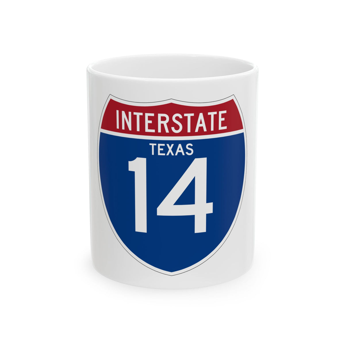 Blue and red Interstate highway shield reading INTERSTATE and TEXAS above the large white route number 14.