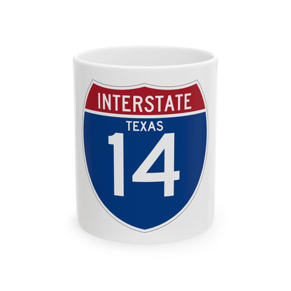 Blue and red Interstate highway shield reading INTERSTATE and TEXAS above the large white route number 14.