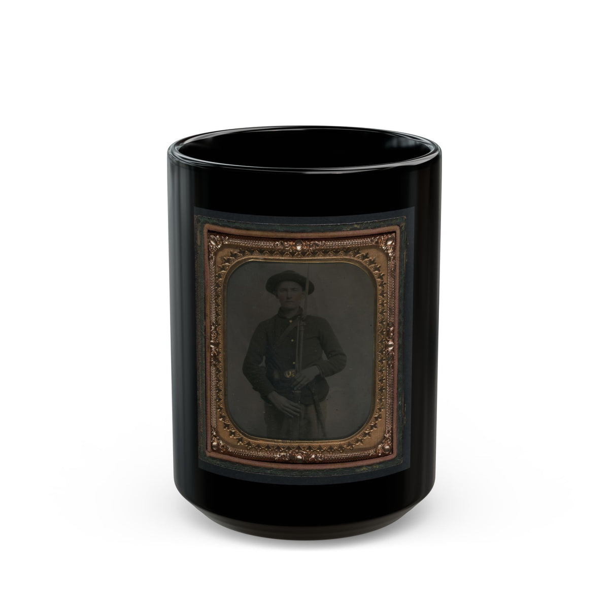 Unidentified Soldier In Union Uniform And Slouch Cap With Bayoneted Musket, Cap Box, Cartridge Box, And Bayonet Scabbard (U.S. Civil War) Black Coffee Mug