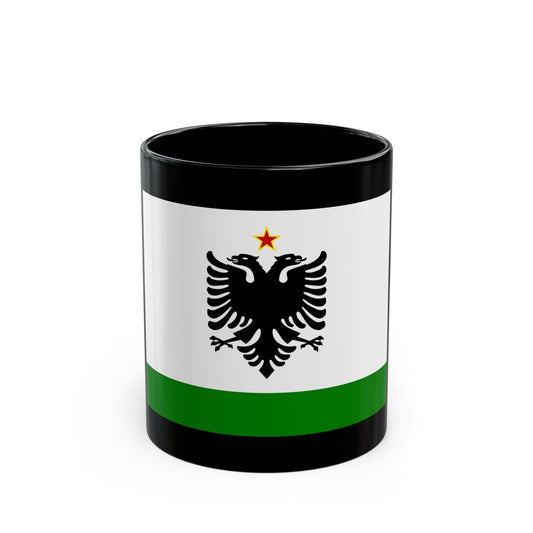 White flag with a black double-headed eagle, a red star with yellow outline above it and a green base band.