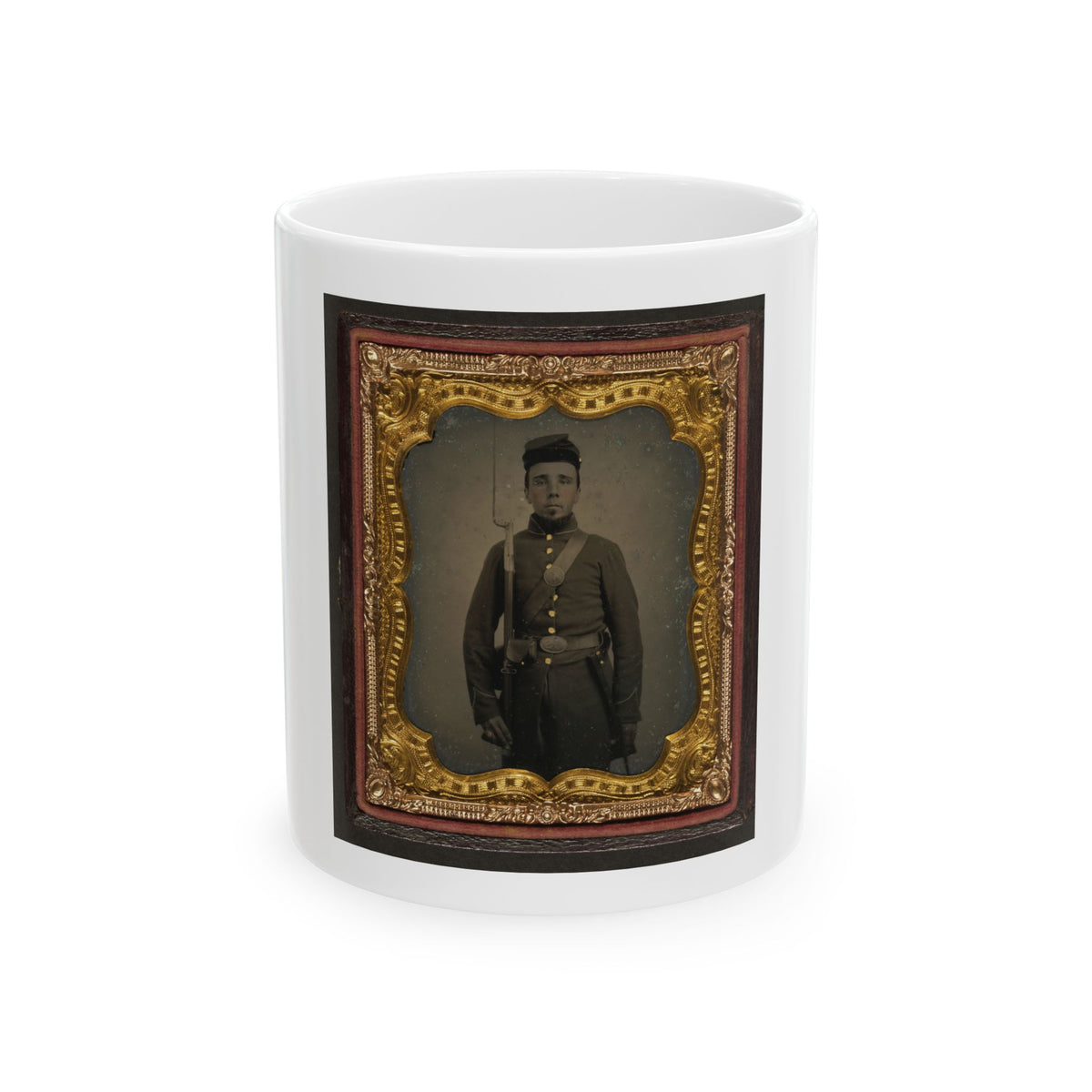 Unidentified Soldier In Union Uniform And Eagle Breast Plate With Bayoneted Musket, Cap Box, And Bayonet Scabbard (U.S. Civil War) White Coffee Mug