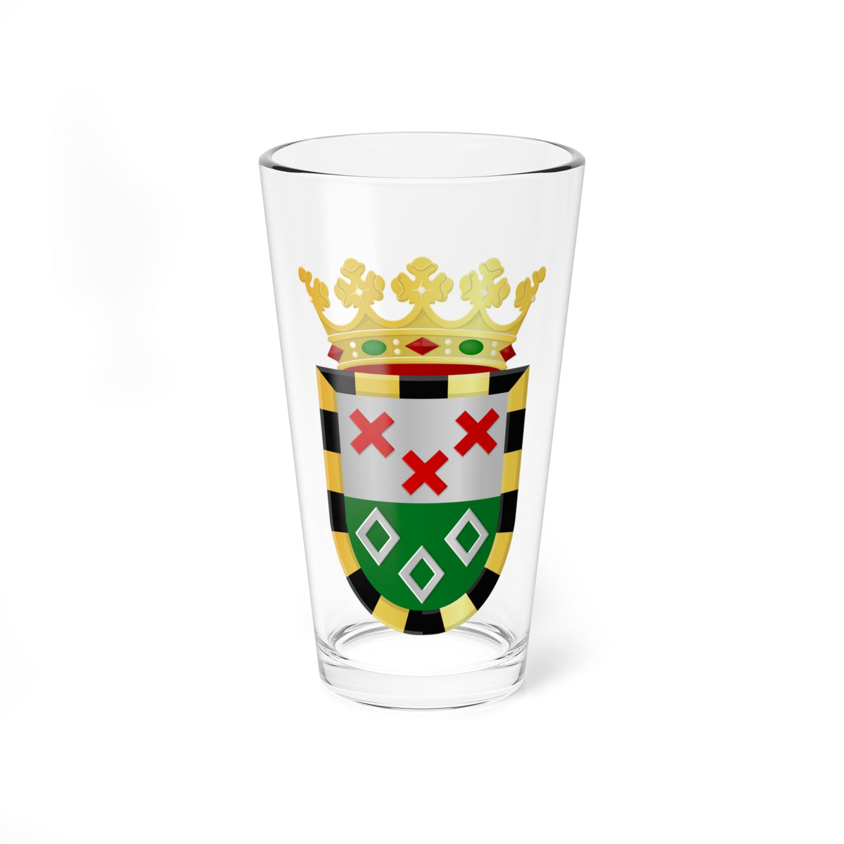 Coat of arms with three red crosses on silver, green diamonds, a checkered gold border, and a gold crown.