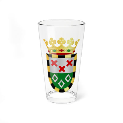 Coat of arms with three red crosses on silver, green diamonds, a checkered gold border, and a gold crown.