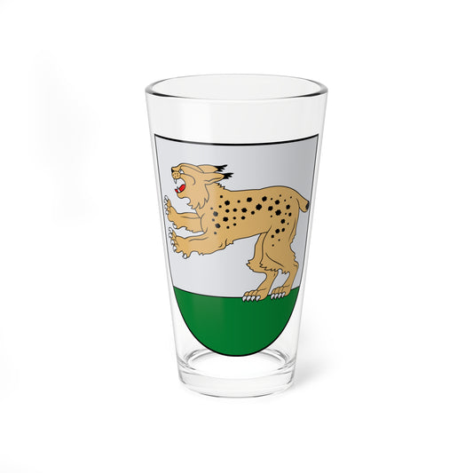 Tan spotted leopard with white claws and an open mouth on a silver field above a green base, in a black outline.