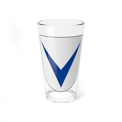 Blue inverted chevron across a light grey heraldic shield with a thin black outline, in flat vector style.