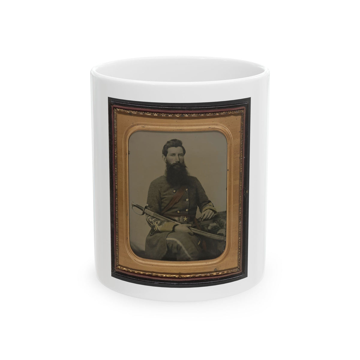 Hand-tinted portrait of a bearded man in a grey military jacket seated with a sabre across his lap, in a gilt case.