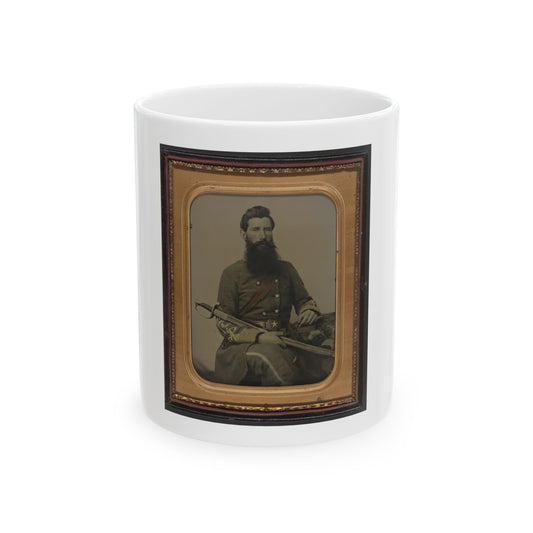 Hand-tinted portrait of a bearded man in a grey military jacket seated with a sabre across his lap, in a gilt case.