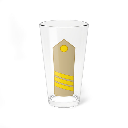 Tan military shoulder board on white with a gold button at the top and three diagonal gold rank stripes.