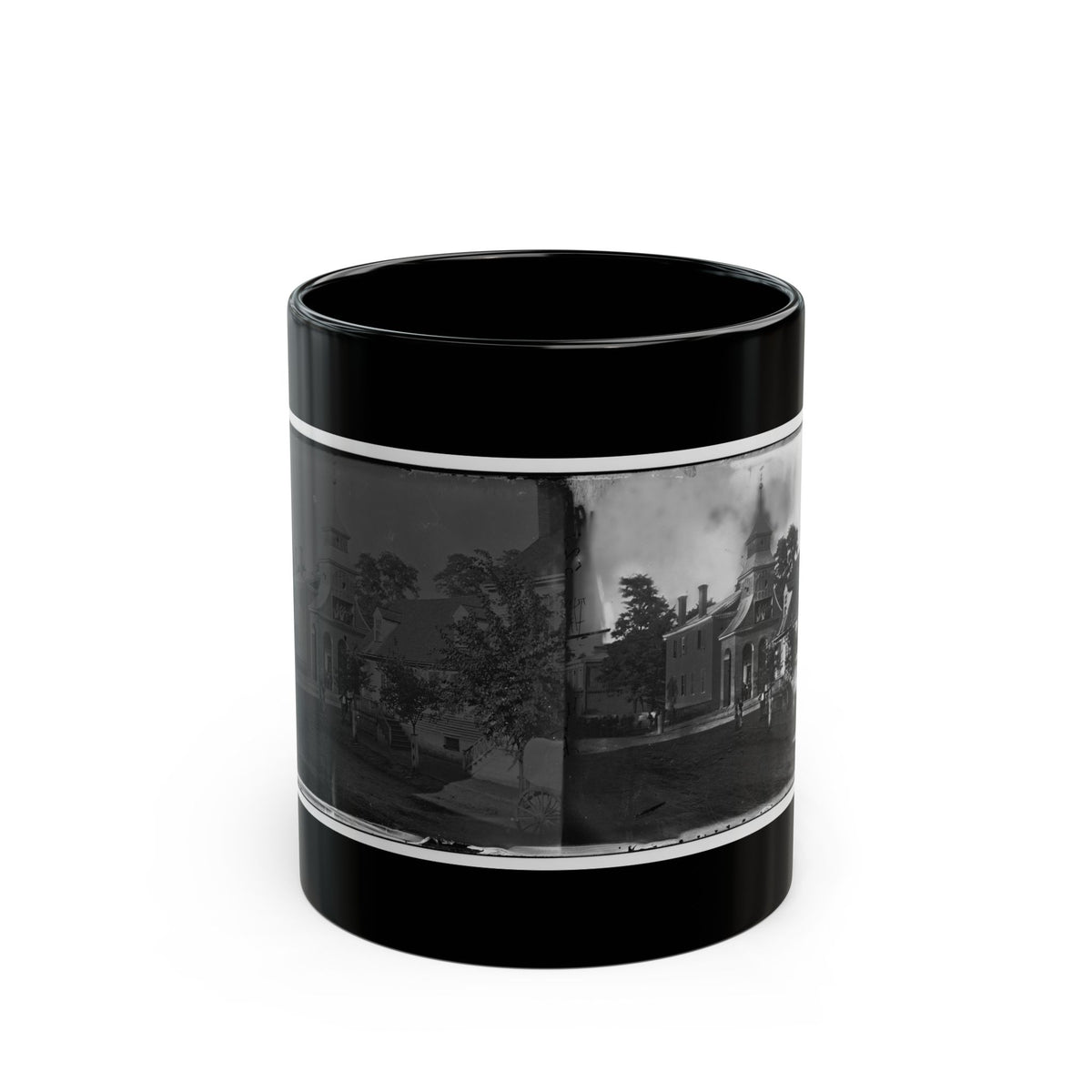 Black-and-white dual-panel view of a brick colonial building with a cupola, surrounded by trees and a dirt street.