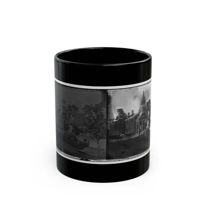 Black-and-white dual-panel view of a brick colonial building with a cupola, surrounded by trees and a dirt street.