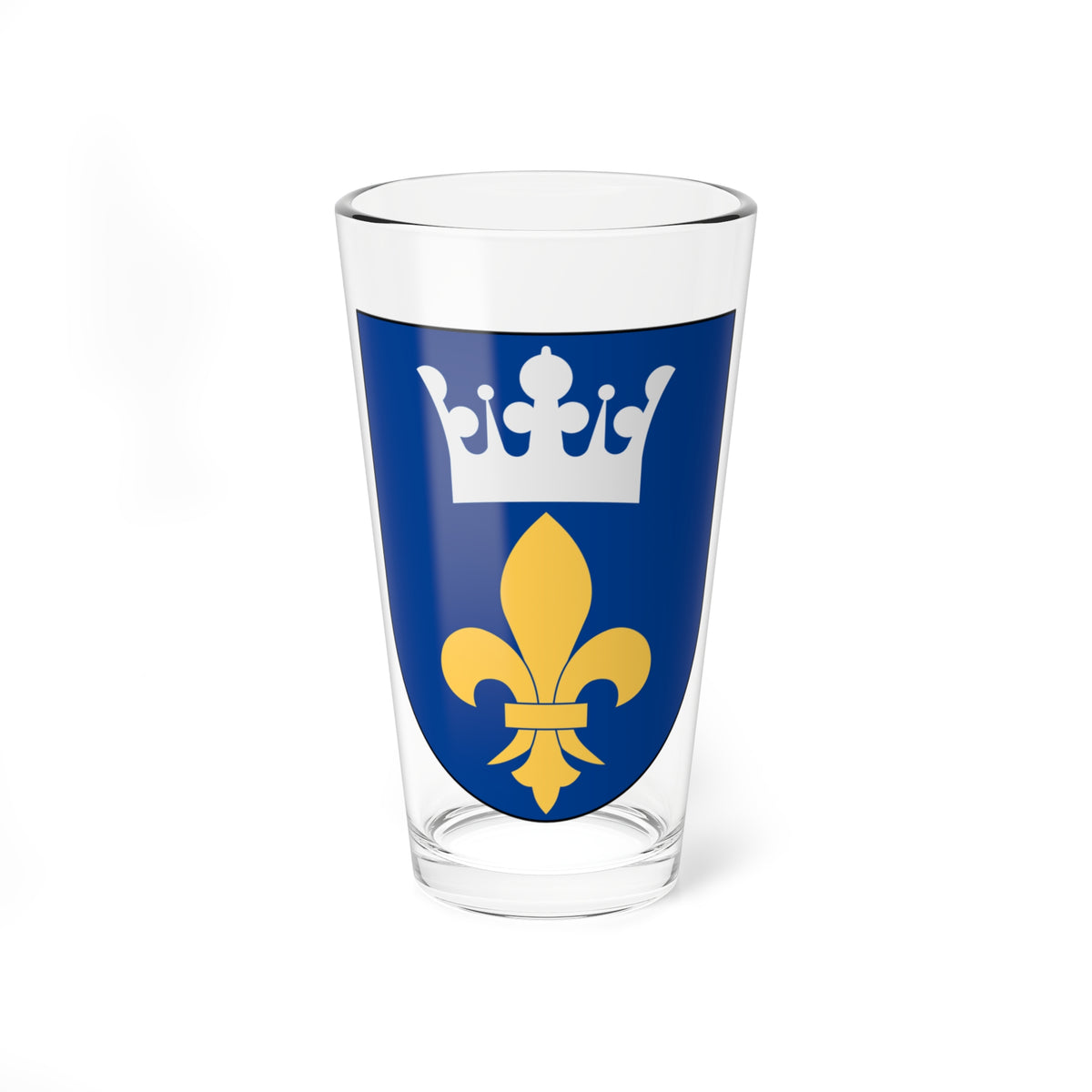 Gold fleur-de-lis with a banded centre beneath a silver pearl-tipped crown on a solid blue heraldic shield.