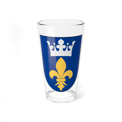 Gold fleur-de-lis with a banded centre beneath a silver pearl-tipped crown on a solid blue heraldic shield.