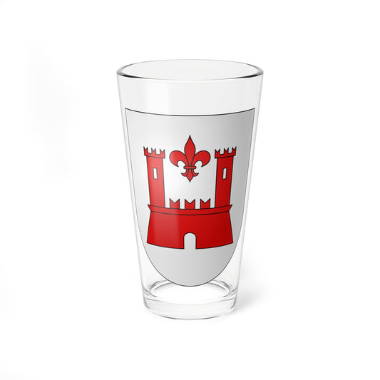 Silver heraldic shield with a red castle of two towers and a gate, and a red fleur-de-lis between the towers.