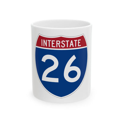 Deep blue Interstate 26 highway marker with a red top band labelled INTERSTATE and the white number 26.