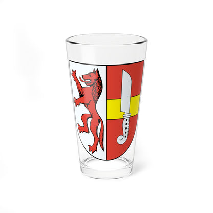 Split heraldic shield with a red rampant beast on white, and a white knife on red beneath a yellow band.